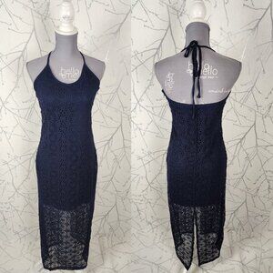 Le Chateau Navy Crochet Lace Overlay Halter Maxi Dress